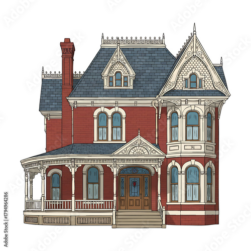 Ornate Victorian Red Brick House with Mansard Roof and Porch vector illutrastion transparent background