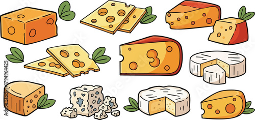 Various Types Of Cheese Including Swiss Cheddar And Blue Cheese With Green Leaves On White Background