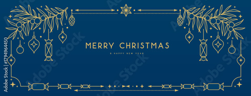 Modern Christmas frame or holiday greeting card on blue background. Line art vector illustration
