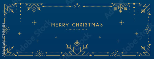 Modern Christmas frame or holiday greeting card on blue background. Line art vector illustration