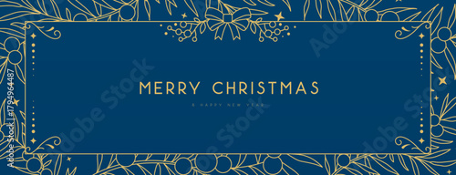 Modern Christmas frame or holiday greeting card on blue background. Line art vector illustration