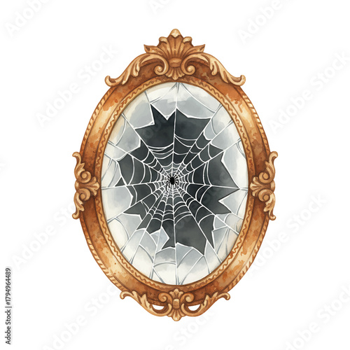 Ornate Oval Mirror with Broken Glass and Spiderweb frame vector illutrastion transparent background