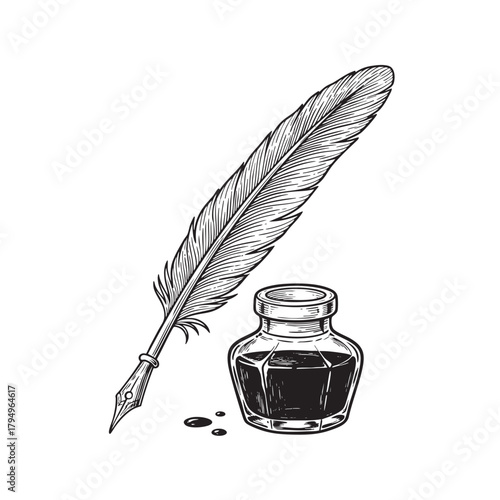 Quill Pen and Inkwell with Ink Splatters in Sketch Style writing vector illutrastion transparent background