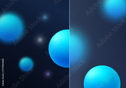 Dark abstract background with a transparent glass panel and luminous blue spheres, modern tech glassmorphism design