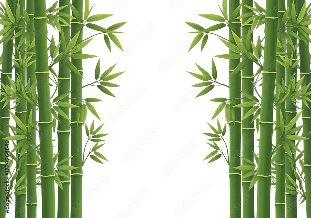 Obraz premium Green bamboo stalks with vibrant leaves framing a central dark space isolated on a transparent background