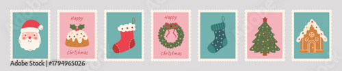 Vintage Christmas postage stamp set with Santa,hand-drawn tree, stockings, pudding, wreath, gingerbread house. Soft pink, teal, and red tones with a Xmas mail postmark create a warm, festive charm.