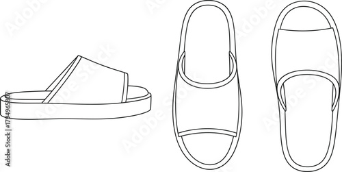 Slide sandal design sketch, side top bottom views, thick sole with wide strap, footwear concept, flat vector illustration