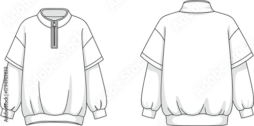 Pullover sweatshirt sketch, short sleeves with ribbed cuffs, half-zip collar, clean back seam detail, fashion garment, flat vector illustration
