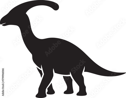 A striking black silhouette of a parasaurolophus dinosaur in profile