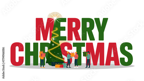 Merry Christmas illustration: A vibrant vector illustration wishing everyone a Merry Christmas, with stylized text, people, christmas tree and presents.