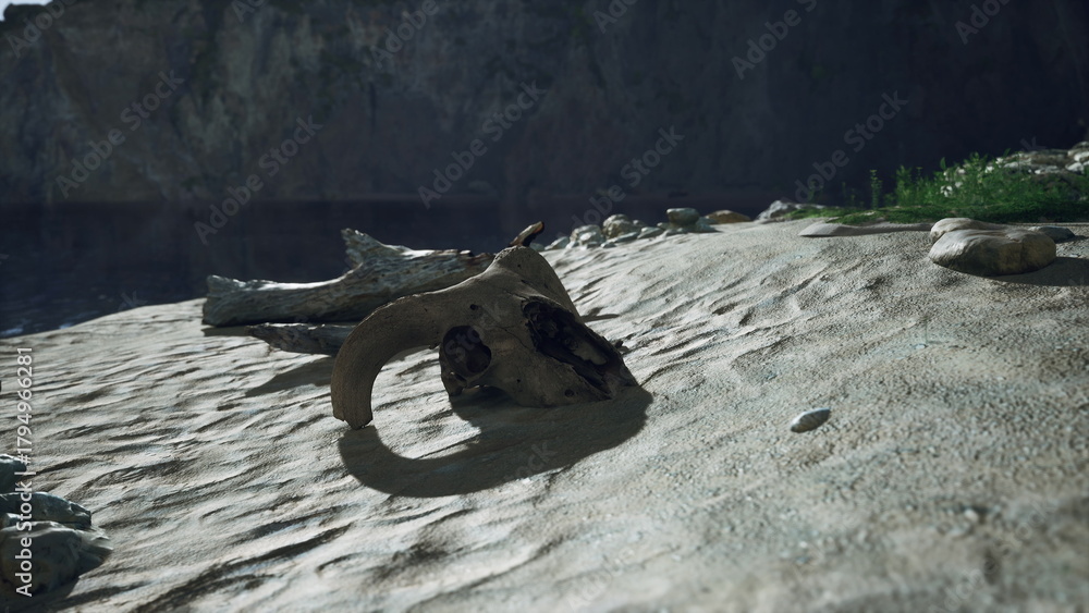 Fototapeta premium A weathered animal skull lies on the sandy beach, surrounded by stones and driftwood. The early morning light casts soft shadows, revealing the beauty of natures remains.