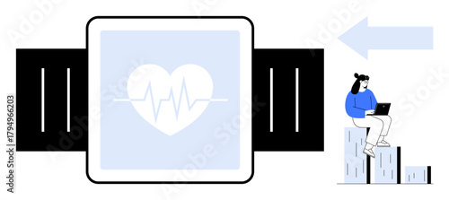 Heartbeat displayed on smartwatch screen, woman with laptop on bar graphs. Ideal for wellness, fitness, health monitoring, data analysis, remote healthcare, wearable tech, simple flat metaphor