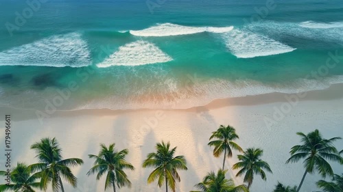 Tropical island paradise beach landscape with palm trees, blue ocean water, and white sand under a summer sky