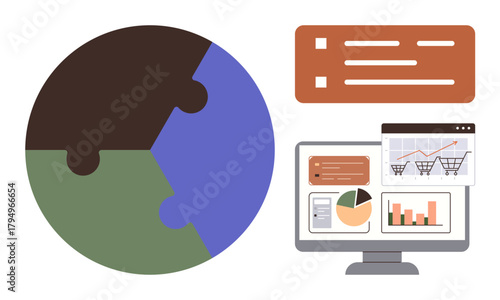 Puzzle globe, charts, monitor with data visualization, shopping cart analytics. Ideal for business strategy, e-commerce, teamwork, analytics, global connection market research process