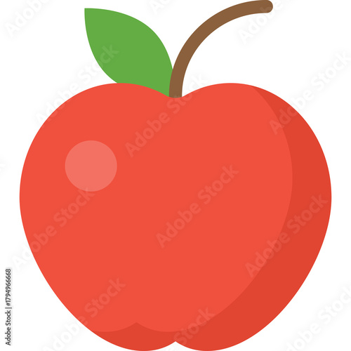Red Apple with Green Leaf and Brown Stem Isolated on Transparent Background Simple Flat Design