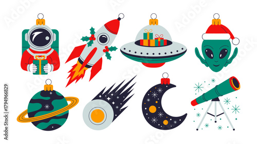 Celestial Christmas Ornaments: A vibrant collection of unique Christmas ornaments, themed around space and astronomy, celebrating the festive season with a touch of cosmic wonder.