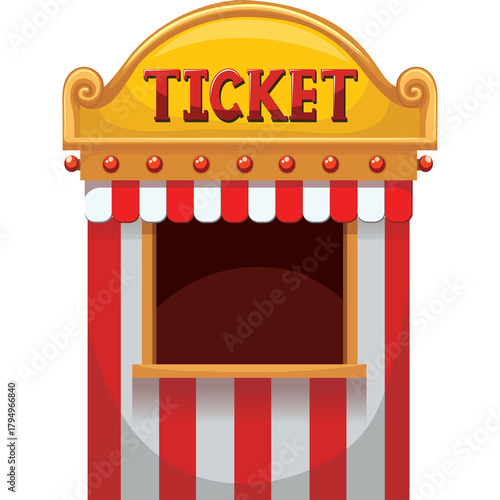 Red And White Striped Ticket Booth With Yellow Sign At Top Featuring The Word Ticket In Red Letters In A Theme Park Setting Isolated On A Transparent Background