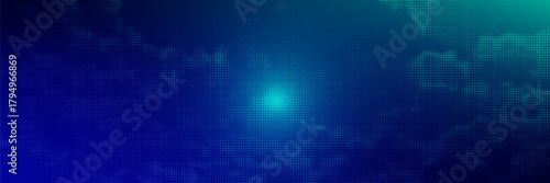 halftone with blue-green gradation, abstract background pattern, neon light reflecting walls and floors, dark colors, and feel the speed of digital technology connected with blue-green background.