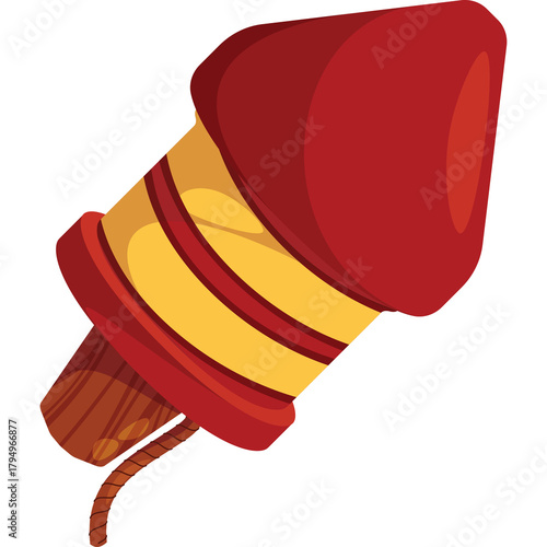 Red and Yellow Firework Rocket with Brown Fuse on Transparent Background