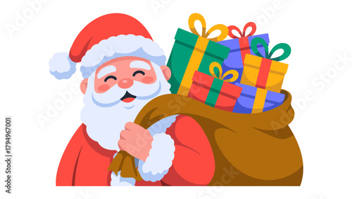 Santa Claus Delivering Christmas Gifts: An illustration of a cheerful Santa Claus with a jolly expression, carrying a sack full of colorful wrapped gift boxes.