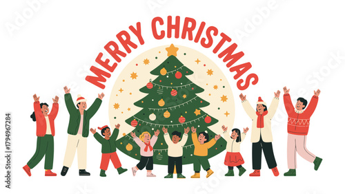 Christmas cheer: A collection of figures happily extend their arms in joyous celebration, as a central festive tree adorns the scene.