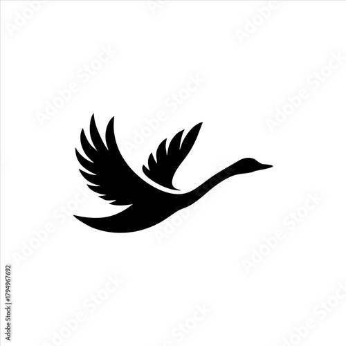 Simple Black Flying Goose or Swan Vector Logo in Smooth Flight