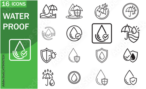 Waterproof icon set, showcasing various designs for water resistance and protection, ideal for product packaging, websites, and marketing materials