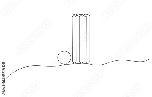 Continuous one line drawing of cricket ball and stumps, outline minimal vector illustration.