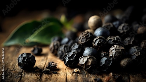 Fototapeta Naklejka Na Ścianę i Meble -  Aromatic black peppercorns scattered on rustic wooden surface with green leaf, macro food photography for culinary and spice marketing.