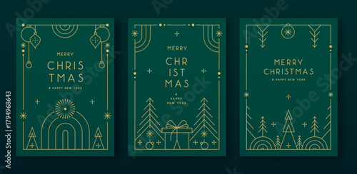 Set of modern Christmas frames or holiday greeting cards on emerald green background. Line art vector illustration