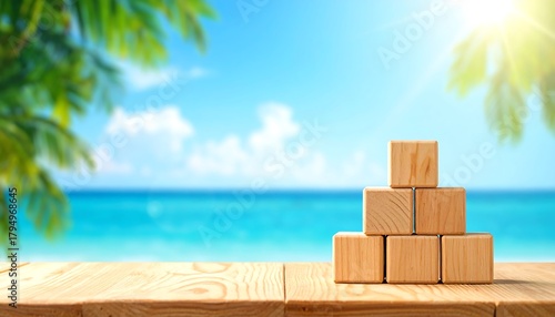 Wooden blocks are stacked in a pyramid formation on a wooden table, with a blurred beach background. Sun shines. Palm trees frame the view