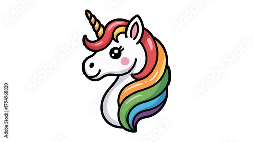 Enchanting Unicorn Portrait: A captivating illustration of a unicorn, featuring a radiant rainbow mane and a graceful, spiraling horn, embodying fantasy and charm.