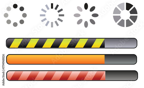 Loading bars and spinners a collection of progress indicators, including circular spinners and horizontal bars, showcasing different styles and completion states for web and app design