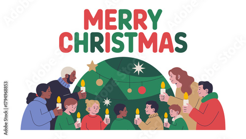 Christmas Celebration with Family: A heartwarming illustration captures a diverse family united in the spirit of Christmas, gathered around a decorated tree, each member holding a candle.