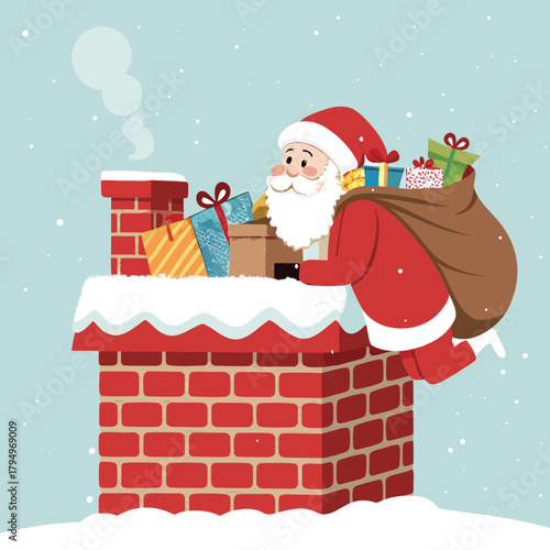 Cartoon Santa Claus with Sack of Gifts Climbing Down a Snow-Covered Brick Chimney on Christmas Eve