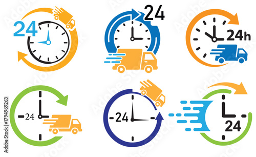 24hour delivery service icons a set of colorful symbols representing fast and reliable shipping, available around the clock for customer convenience