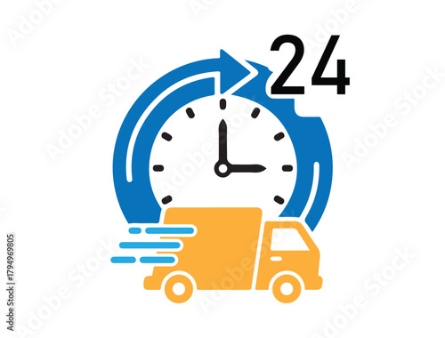 24hour delivery service with clock and truck icon, this image represents fast and reliable shipping, available around the clock for customer convenience
