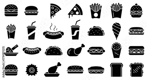 A collection of various fast food items, illustrated in a simple black and white style.