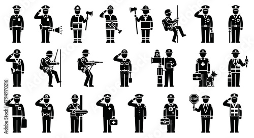 Silhouetted figures representing various professions, including emergency services personnel.