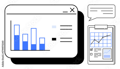 Bar graph in a browser window, clipboard with line chart and checklist, text bubble for commentary. Ideal for business, analytics, reporting, planning, communication, monitoring simple flat metaphor