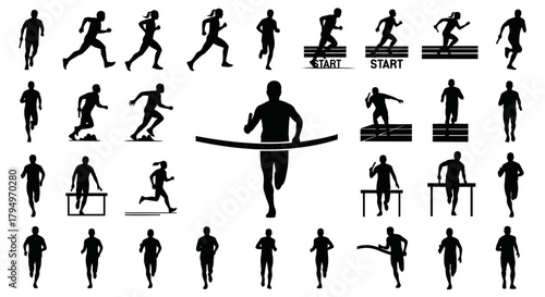 Silhouetted athletes in various running poses, including hurdles and finish line.