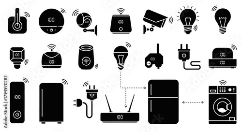 Black and white icons depicting smart home appliances and devices connected to a central router.