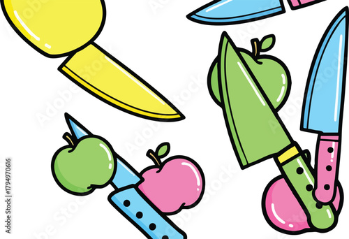 Abstract colorful food preparation illustration with knives and apples on white background