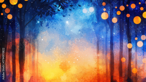 Wallpaper Mural Vibrant watercolor depiction of mystical forest scene featuring glowing orbs, deep blue and orange hues, and starry sky, evoking sense of wonder Torontodigital.ca