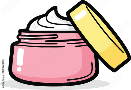Pink Cream Jar With Yellow Lid Open Showing White Cream And Sparkles