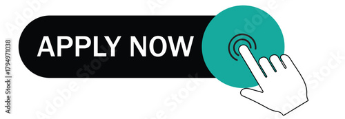 Apply now button a modern vector illustration featuring a sleek button with the text apply now and a hand clicking on it, , for job applications