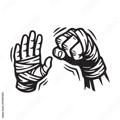 Black and white illustration of two hands wrapped in bandages for vector illutrastion transparent background