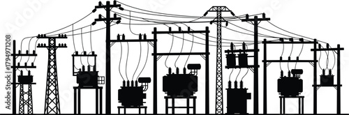Silhouette vector illustration of electrical transformers on poles and platforms—power grid infrastructure, voltage system, energy distribution layout for engineering reference