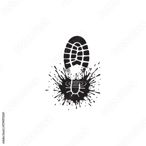 Black Boot Print with Mud Splatter and Water Ripples shoe print vector illutrastion transparent background