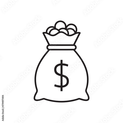 Black Outline Dollar Money Bag Icon With Coins On White Background vector illutrastion transparent background